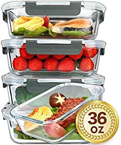 [5-Packs, 36 Oz.] Glass Meal Prep Containers with Lifetime Lasting Snap Locking Lids Glass Food Containers,Airtight Lunch Container,Microwave, Oven, Freezer and Dishwasher Safe(4.5 Cup)
