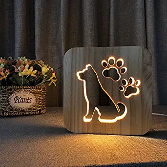 Creative 3D Dog Wooden Lamp, LED Table Light USB Power Cartoon Nightlight Desk lamp Home Bedroom Decor Lamp, Gift for Kids Adult Girls Boys Bedroom Living Room Nightstand