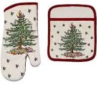 Spode Christmas Tree Red Trim and Red Backing 2-pc Kitchen Set: Oven Mitt & Square Pot Holder