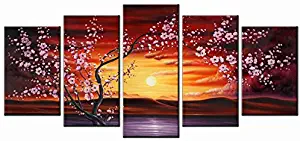 Wieco Art - 5 Panels Plum Tree Blossom Modern Giclee Canvas Prints Flowers Artwork Contemporary Abstract Floral Paintings on Canvas Wall Art Home Decorations Wall Decor