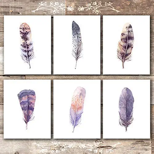 Feather Wall Art Prints (Set of 6) - Unframed - 8x10s | Rustic Home Decor