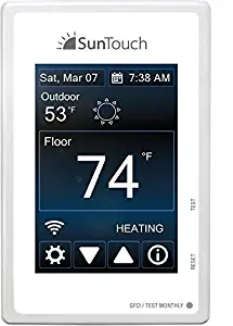 SunTouch Connect WiFi enabled Touchscreen Programmable Thermostat [universal] Model 500875 (low-profile floor heat control, 120/240V, bright white + paintable beauty ring) includes floor sensor