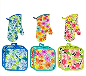 Springtime Gift Oven Mitt and Pot Holders. Heat Resistant, Great for BBQ, Cooking, and Baking. Home Collection Springtime Beautifully Designed Kitchen Linen. 3 Set of 3 Color Total 9 pcs.