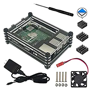 9 layers Acrylic Case for Raspberry Pi 3 Model B+ 3B Universal version with Fan Cooling and Heatsinks, 5V/2.5A Power Supply, Micro USB Cable with On/Off Switch