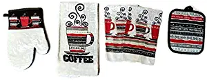 Home Collection Lattee Cappuccino Coffee Macchiato Linen 5 Piece Bundle Package Oven Mitt (1) Pot Holder (1) Kitchen Towel (1) Dish Cloths (2) (#4535)