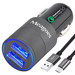 Meagoes Fast USB C Car Charger, Compatible Samsung Galaxy S10 Plus/S10/S10e/S9 Plus/S9/S8+, Note 9/8, LG V40 ThinQ/G7/ V30 Smart Phones, Quick Charge 3.0 Port Car Adapter with Rapid Type C Cord Cable