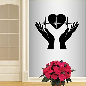 Wall Vinyl Decal Home Decor Art Sticker Hands Open Palms Heart Beats Cardiogram Friendship Medicine Health Care Logo Hospital Clinic Room Removable Stylish Mural Unique Design