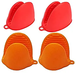 Nenluny 2 Pairs Mini Oven Mitts Gloves Silicone Heat Resistant Pot Holder Cooking Finger Protector Pinch Grips for kitchen Cooking & Baking (Red + Orange)