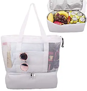 Large Mesh Beach Tote Bag with Zipper and Insulated Picnic Cooler Leak-proof for Beach Pool Outdoor Trave Gym
