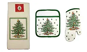 Spode Christmas Tree 3-pc Kitchen Gift Set Includes Oven Mitt, Square Pot Holder, Cotton Terry Kitchen Towel