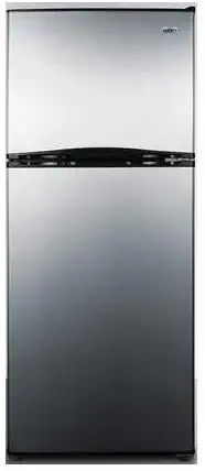 FF1073SS 24 Top Freezer Refrigerator with 9.9 Cu. Ft. Capacity Frost Free Operation Thin-Line Design Two Clear Crispers Interior Light and Full Freezer Shelf: Stainless Steel