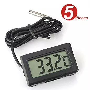 WINGONEER 5Pcs Digital LCD Thermometer Temperature Monitor with External Probe for Fridge Freezer Refrigerator Aquarium -Black