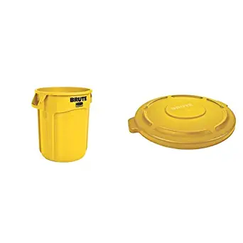 Rubbermaid Commercial BRUTE Trash Can, Vented, 20 Gallon, Yellow with Lid (FG262000YEL & FG261960YEL)