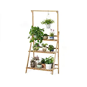 Bamboo 3-Tier Hanging Plant Stand - Planter Shelves Flower Pot & Organizer Storage Rack, Folding Display Shelving Plants Shelf Unit Holder