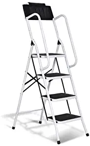 2 in 1 Non-Slip 4 Step Ladder Folding Stool w/Handrails and Tool Pouch Caddy