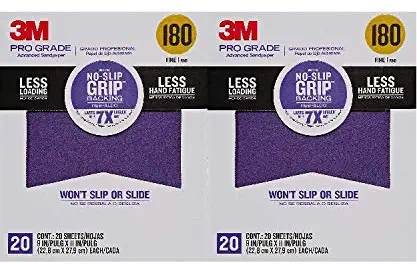 3M Pro Grade No-Slip Grip Advanced Sandpaper, 9-Inch x 11-Inch, 180 Grit, 20 Sheets, Pack of 2