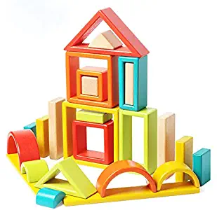 Agirlgle Large Wood Building Blocks Set for Toddlers Kids 32 Pcs Construction Building Toys Set Preschool Learning Educational Toys - Rainbow Stacker Wooden Blocks for Boys & Girls