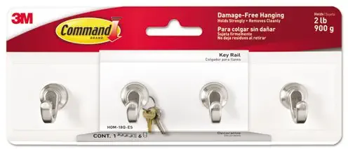 Command Decorative Key Rail, 8w x 1 1/2d x 2 1/8h White/Silver, 4 Hooks/Pack