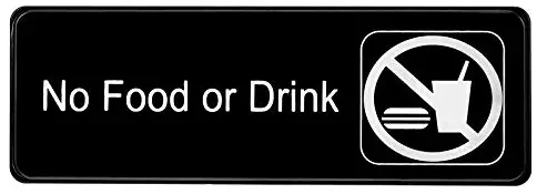 Alpine Industries No Food or Drink Sign – High Visibility Black Outdoor Plastic Placard w/Adhesive Back - Easy Stick Door & Wall Post for Office Buildings, Restaurants & Hotels