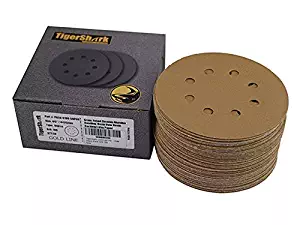 TigerShark 5 Inch Sanding Discs 8 Hole Grit 100 50pcs Pack Special Anti Clog Coating Tigershark Paper Gold Line Hook and Loop Dustless Random Orbital Sander Paper Medium