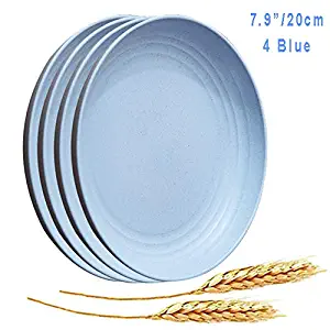 Microwave Safe Wheat Straw Plates - 4 Pack 7.9" Unbreakable Dinner Plates, Lightweight & Degradable BPA free Dishwasher Safe Plates for Kids,Children,Toddler & Adult Fruit Snack Containe (Blue)