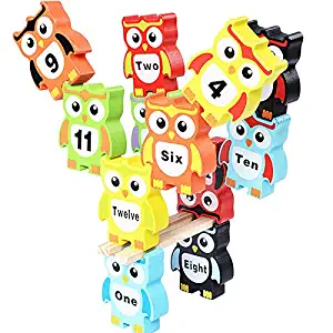 Elloapic 12pcs Wooden Colorful Owl Balance Stacking Puzzle Building Blocks