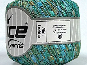 Malibu Mini Ladder Yarn - Turquoise Blue Green Gold Ribbon 50 Gram 136 Yards