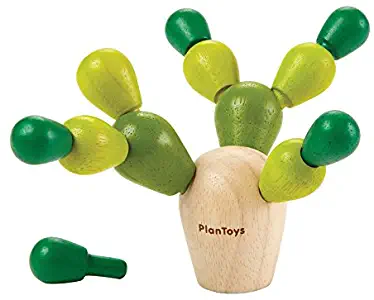 PlanToys Children's Portable Mini Balancing Cactus Game Set Beige Natural Base Light Medium Dark Green