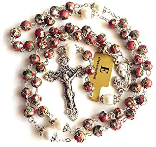 elegantmedical Pink Cloisonne & 10mm Pearl Beads Rosary Nice Crucifix Cross Necklace Catholic