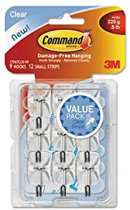 Clear Hooks & Strips, Plastic/Wire, Small, 9 Hooks w/12 Adhesive Strips per Pack, Sold as 9 Each