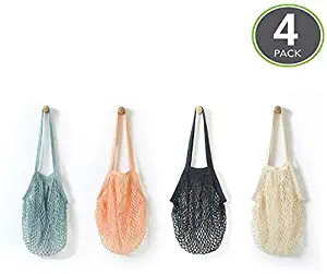 4 Pack Portable Reusable Grocery Bags Fruit and Vegetable Bag Washable Cotton Mesh String Organic Organizer Shopping Handbag Long Handle Net Tote (grey blue,Black,Beige,Pink)