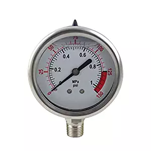 YZM Stainless Steel 304 Single Scale Liquid Filled Pressure Gauge with Brass Internals, 2-1/2" Dial Display, -1.5% Accuracy, 1/4" NPT Bottom Mount,Water Pressure Gauge. (0-150 psi)