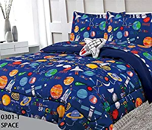 6 Piece Twin Size Kids Boys Teens Comforter Set Bed in Bag with Shams, Sheet set & Decorative Toy Pillow, Space Planets Rockets Blue Print Blue Multicolor Boys Kids Comforter Bedding w/Sheets, T Space