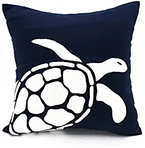 KainKain Sea Turtle Decorative Throw Pillow Cover, Nautical Ocean Animal Cushion Cover, Navy Blue Cotton Linen Pillowcase Embroider, Beach House Décor (16 inch x 16 inch)