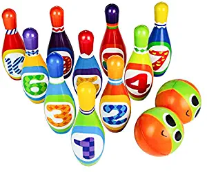 Bowling Set Toy 10 Colorful Soft Foam Bowling Pins 2 Balls Indoor Toys Toss Sports Developmental Game for Active Party Family Games Children Boys Girls Easter Gifts Preschooler 3 4 5 6 Years Old