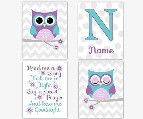 Purple Teal Owl Nursery Wall Art Read Me A Story Decor Personalized 4 UNFRAMED PRINTS