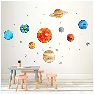 Finduat Space Planet Wall Stickers Decals, Removable Solar System Watercolor Space Vinyl Wall Stickers for Kids Nursery Bedroom Living Room