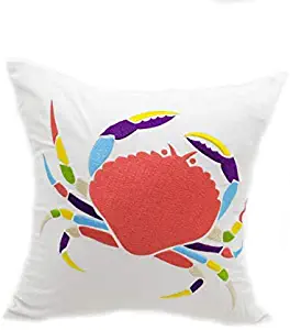 KainKain Beach Theme Pillow Cover, White Navy Throw Pillow Case, Ocean Crab Couch Pillow, Cotton Linen Embroidered Cushion, Nautical Nursery Home Decor(18 inch x 18 inch)