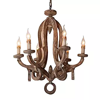 Rustic Cottage Chic Sculpted Wooden 6-Light Chandelier Ceiling Light Fixture with Candle Shaped Light