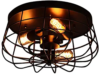 Lovedima Industrial Loft 3-Light Semi-Flush Mount Ceiling Light Black Metal Cage Pendant Light Fixtures for Bedroom Kitchen Living Room Hallway