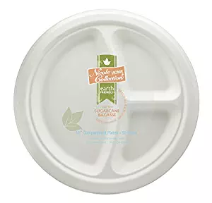 Eco-Friendly 100% Compostable Sugarcane / Bagasse Heavy Duty Plates, FDA Approved, 10 Inch, 3-Compartment Round Plate, 50 Count