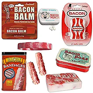 Deluxe Bacon Bath & Grooming Kit Gift Pack (5pc Set + Wristband) - Bacon Bandages, Dental Floss, Soap, Breath Mints & Lip Balm + Silicone Wristband