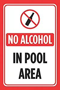 No Alcohol in Pool Area Red White Print Swim Rules Swimming Poster Outdoor Notice Sign - Aluminum Metal