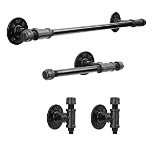 Rustic Pipe Decor 4 Piece Bathware Fixture Set, Wall Mount Kit Includes 18 Inch Towel Bar Rack, Two Robe Hooks and Toilet Paper Holder, Industrial Vintage Farmhouse DIY Bathroom Hardware, Black Pipes