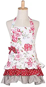 Floral Pattern Three Ruffles Kid Girl Apron,100% Cotton Children Apron,Practical Front Pockets Kitchen Apron Great Gift for Kid Girl Daughters (Red Flower & White Background)