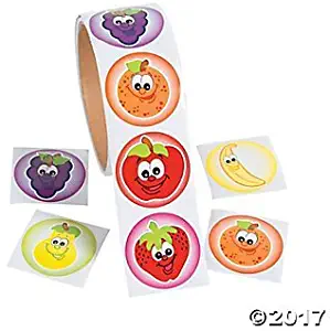 Just4fun 200 Fruit Smile Face Stickers - 2 Rolls of 100 - Apple Orange Banana PEAR Grapes Strawberry - Party Favors Teacher Classroom Rewards - Smiley Nutrition Health