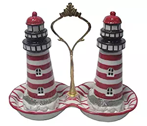 Green Pastures Wholesale Tray Red White Lighthouse Porcelain Salt and Pepper Shakers, 5-Inch Tall and 7-Inch