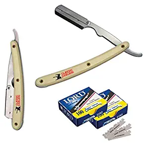 Classic Samurai Stainless Steel Professional Barber Folding Straight Edge Razor Shavette Men's Shaving Kit with 200 Count Lord Single Edge Razor Blades (Cream)