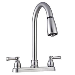 Dura Faucet RV Pull Down Kitchen Faucet for Recreational Vehicles, Motorhomes, 5th Wheels, Trailers - Hi-Rise Spout, Toggling Sprayer, Classical Levers & Easy Install (Brushed Satin Nickel)