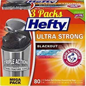Hefty Ultra Strong Tall Kitchen Trash Bags, Blackout, Clean Burst, 13 Gallon, 80 Count (3 Packs)